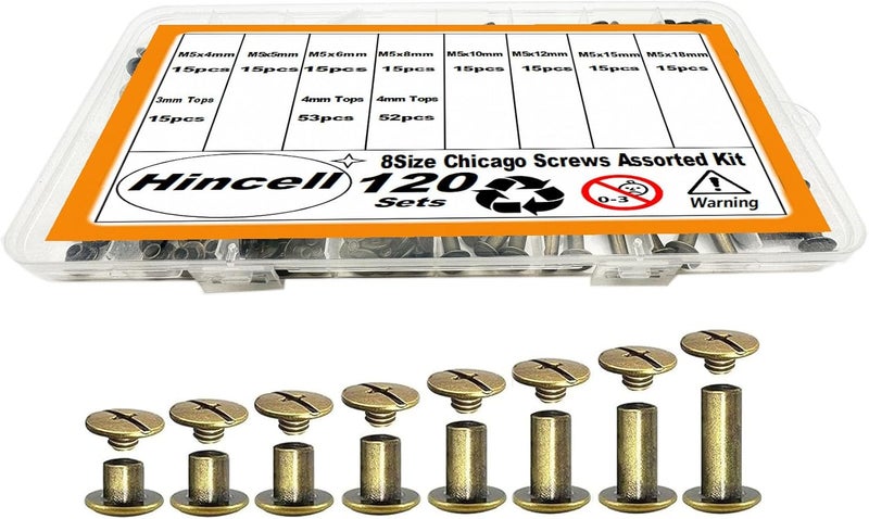 Hincell طقم براغي شيكاغو 120 مجموعة، 8 أحجام براغي ريفيت برونزية لربط الحرف الجلدية، حزام، حقيبة، أحذية، محفظة، تجليد الكتب (M5*4,5,6,8,10,12,15,18) (برونزي) - Image 1